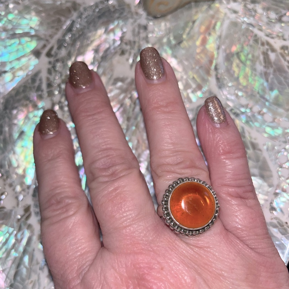 Sterling Silver Amber ring, Size 8, Vintage